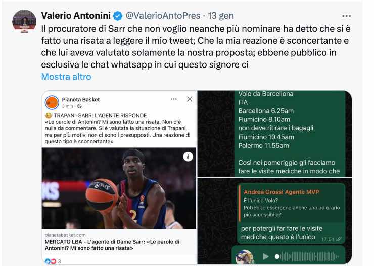 Il tweet del presidente del Trapani Antonini