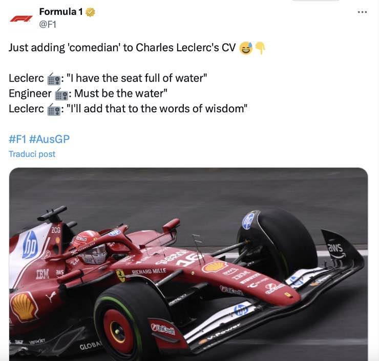 Il tweet della Formula 1 sul team radio di Leclerc 